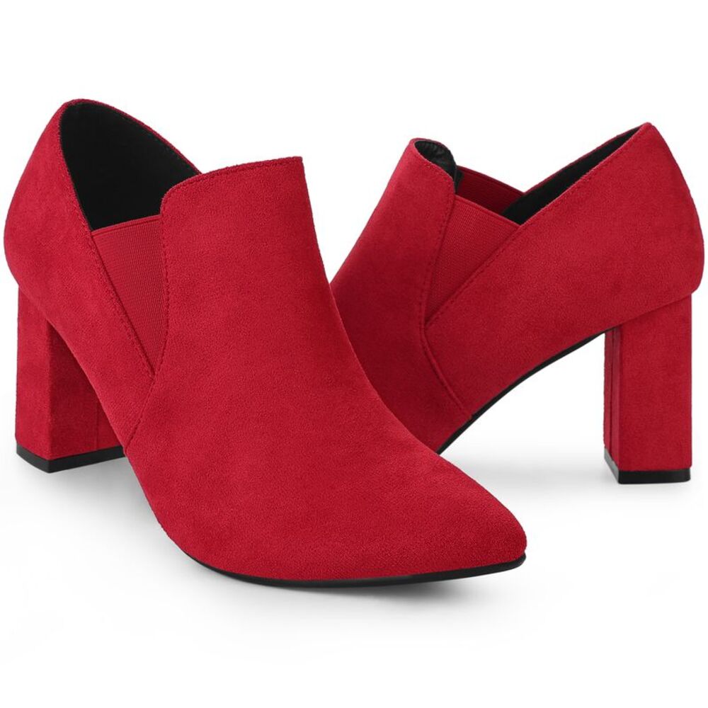 Pointy Toe Slip on Chunky Heels Red Chelsea Ankle Booties